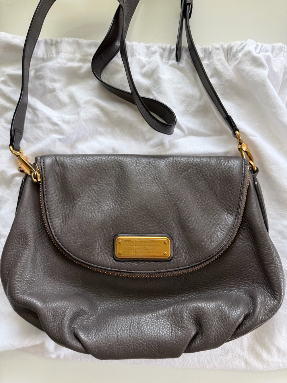 Marc Jacobs Dark Gray Leather Shoulder Bag with Gold Plate
